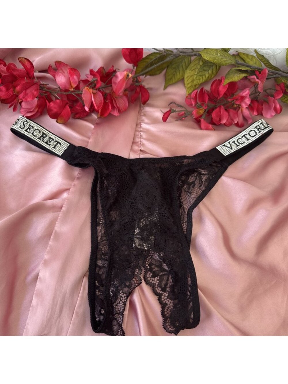 VICTORIA'S SECRET L BLACK RHINESTONE BLING OPEN BOTTOM BRAZILIAN PANTIES NWT